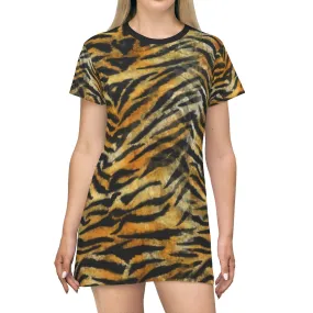 Orange Tiger Stripes T-Shirt Dress, Animal Print Crew Neck Long Tee Shirt Dress - Made in USA