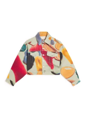 Paint Print Cropped Denim Jacket Off White