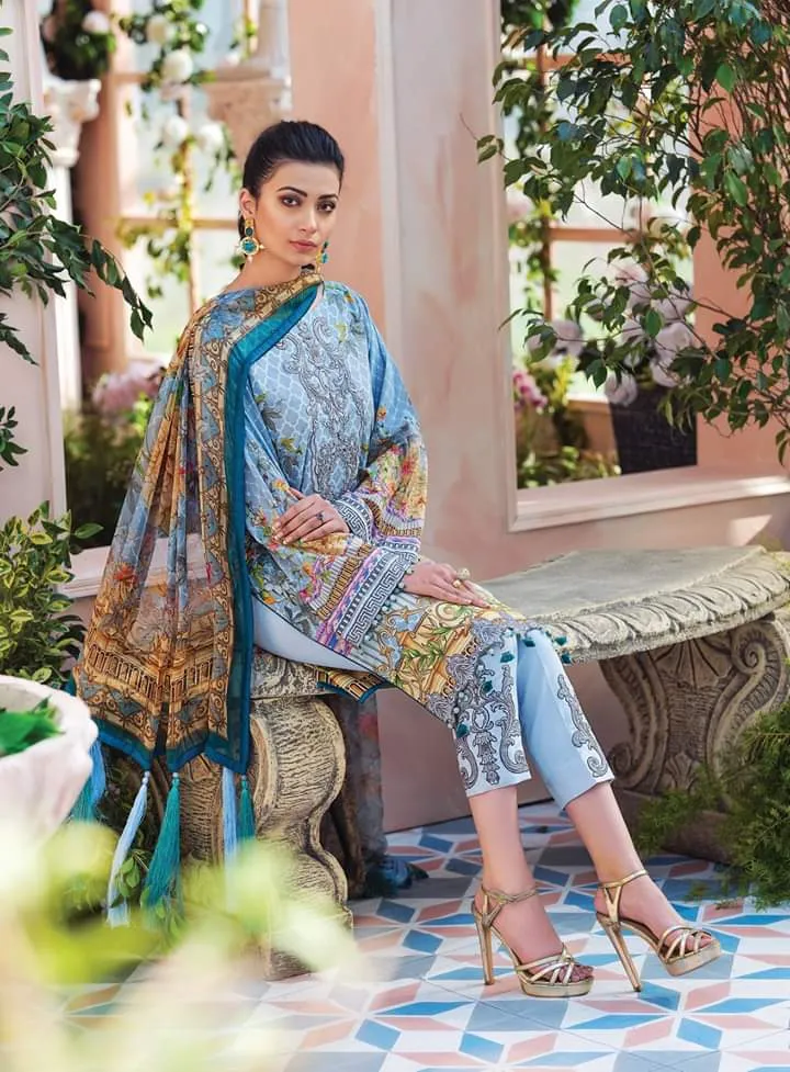 Pakistani Lawn Suit 2020 in Nude Blue Color #M0020