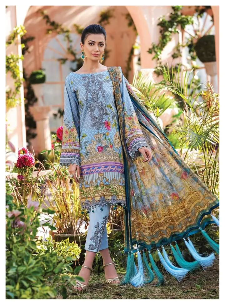 Pakistani Lawn Suit 2020 in Nude Blue Color #M0020