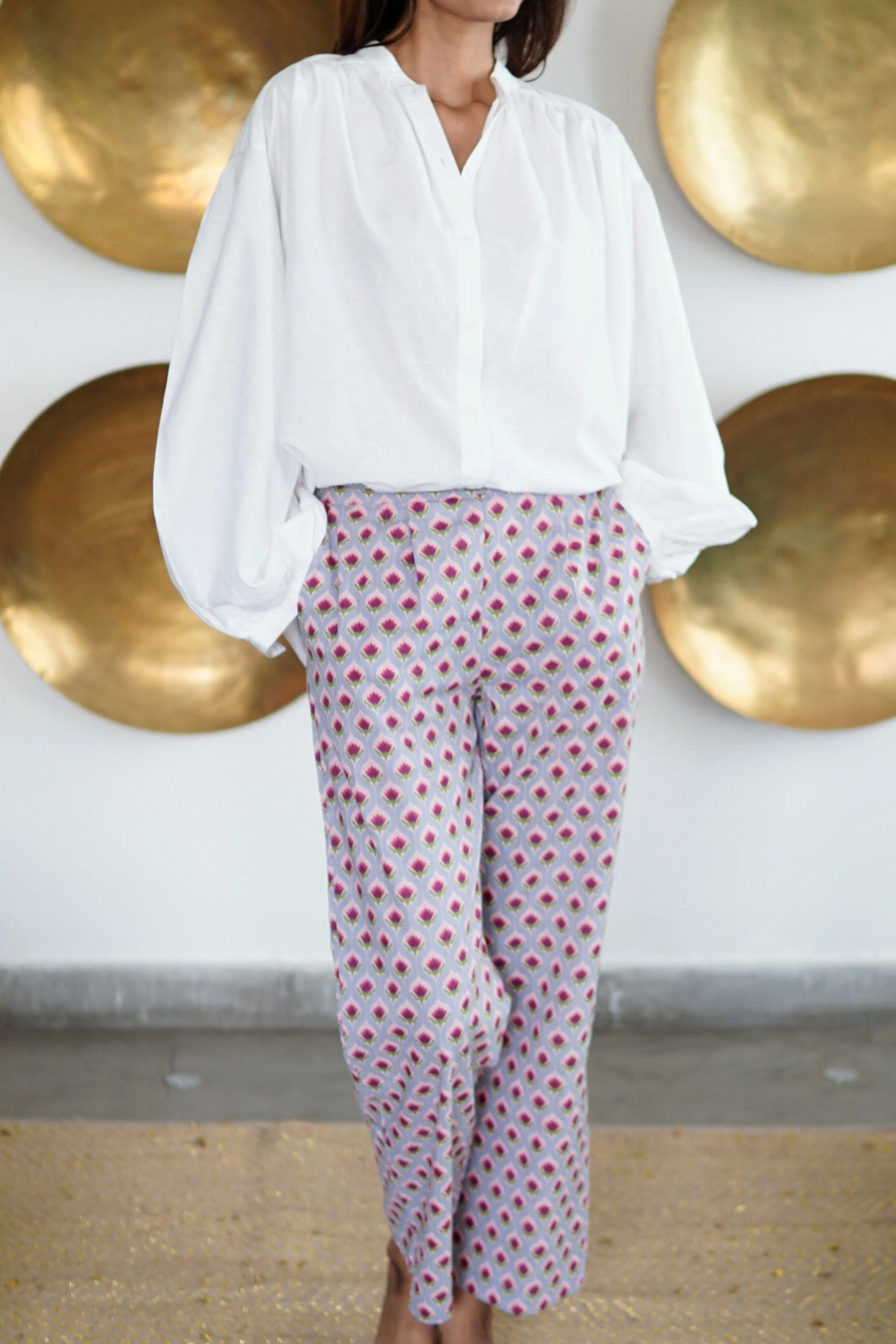 Pants, cotton summer pants with pockets, pink lotus block print cotton trousers with pockets