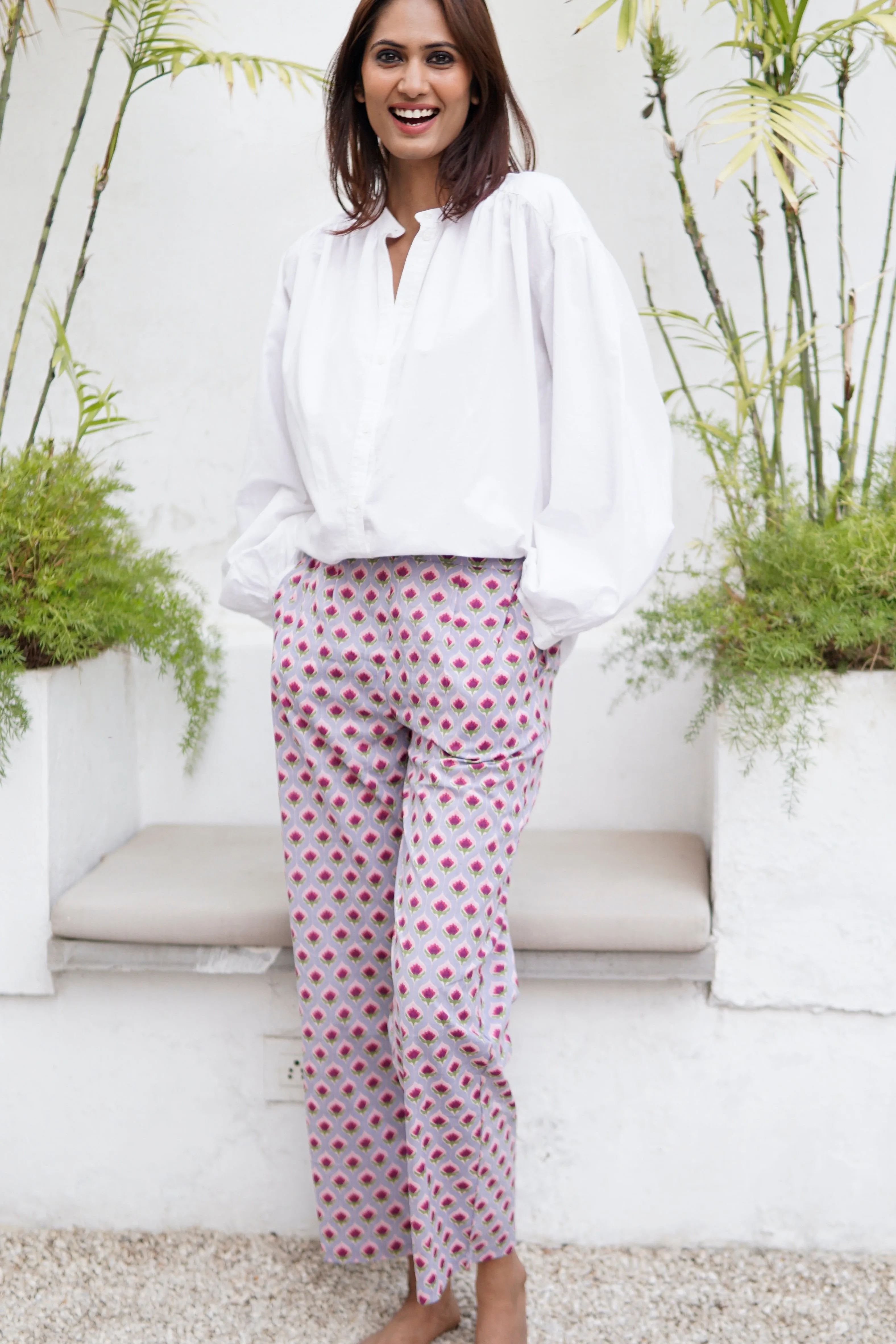 Pants, cotton summer pants with pockets, pink lotus block print cotton trousers with pockets