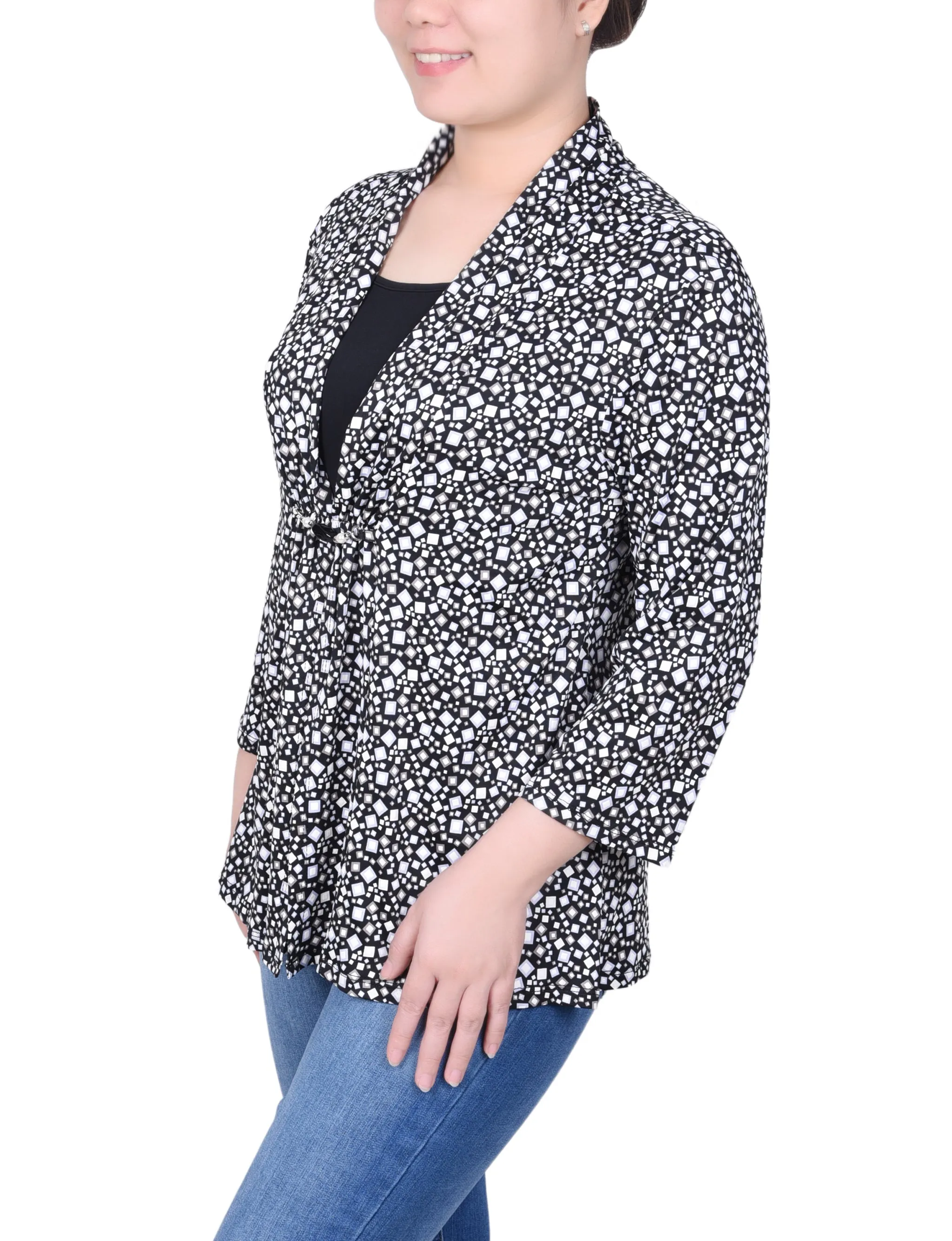 Petite Puff Print 3/4 Sleeve Two-Fer Top