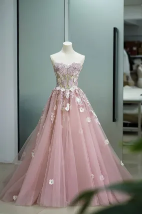 Pink Strapless Tulle Lace Long Prom Dress, Beautiful A-Line Sweet 16 Dress