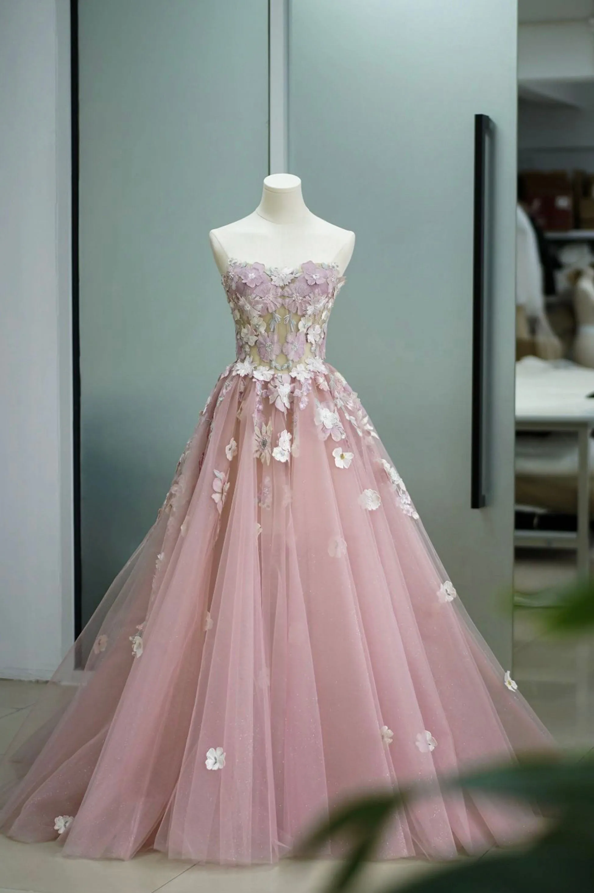 Pink Strapless Tulle Lace Long Prom Dress, Beautiful A-Line Sweet 16 Dress