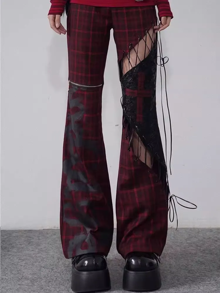 Plaid Patchwork Leather chic pants【s0000004935】