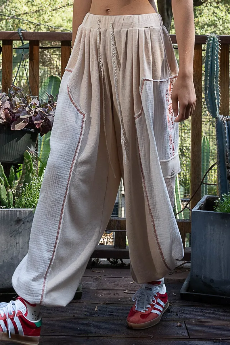 POL Drawstring Thermal and Double Gauze Mixed Fabric Lounge Pants