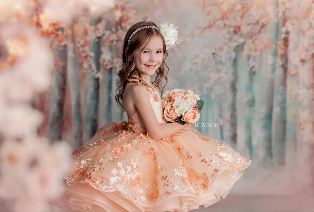 "Floral Dreams" in Peach -  Petal Short Length Dress ( 5 Year - Petite 6 Year)