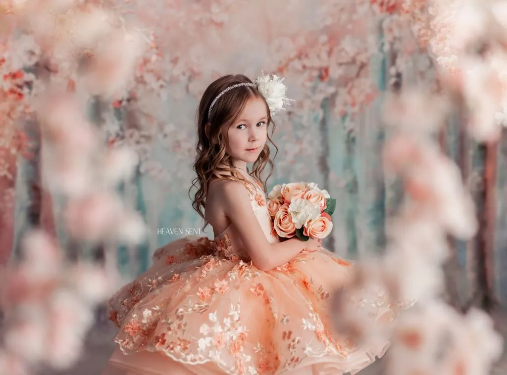 "Floral Dreams" in Peach -  Petal Short Length Dress ( 5 Year - Petite 6 Year)