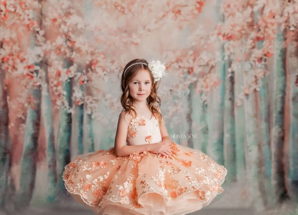 "Floral Dreams" in Peach -  Petal Short Length Dress ( 5 Year - Petite 6 Year)