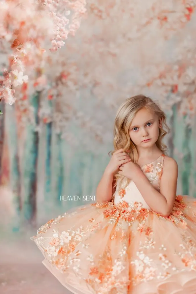 "Floral Dreams" in Peach -  Petal Short Length Dress ( 5 Year - Petite 6 Year)