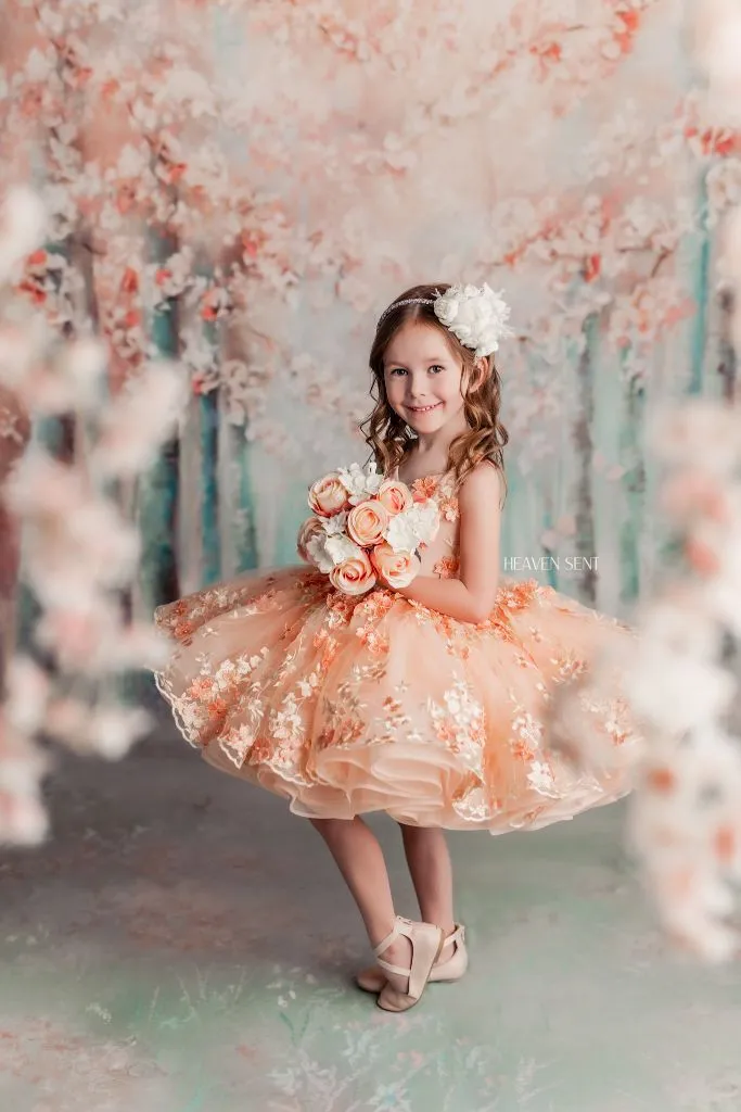 "Floral Dreams" in Peach -  Petal Short Length Dress ( 5 Year - Petite 6 Year)