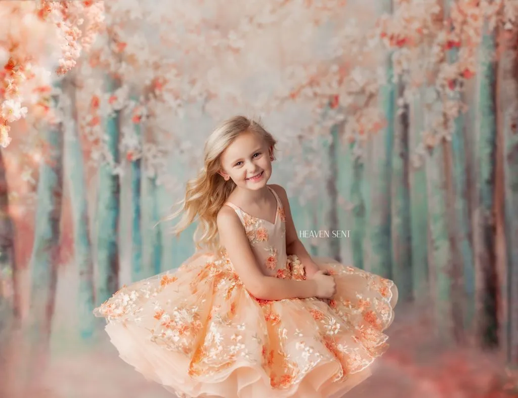 "Floral Dreams" in Peach -  Petal Short Length Dress ( 5 Year - Petite 6 Year)