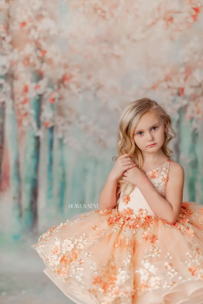 "Floral Dreams" in Peach -  Petal Short Length Dress ( 5 Year - Petite 6 Year)