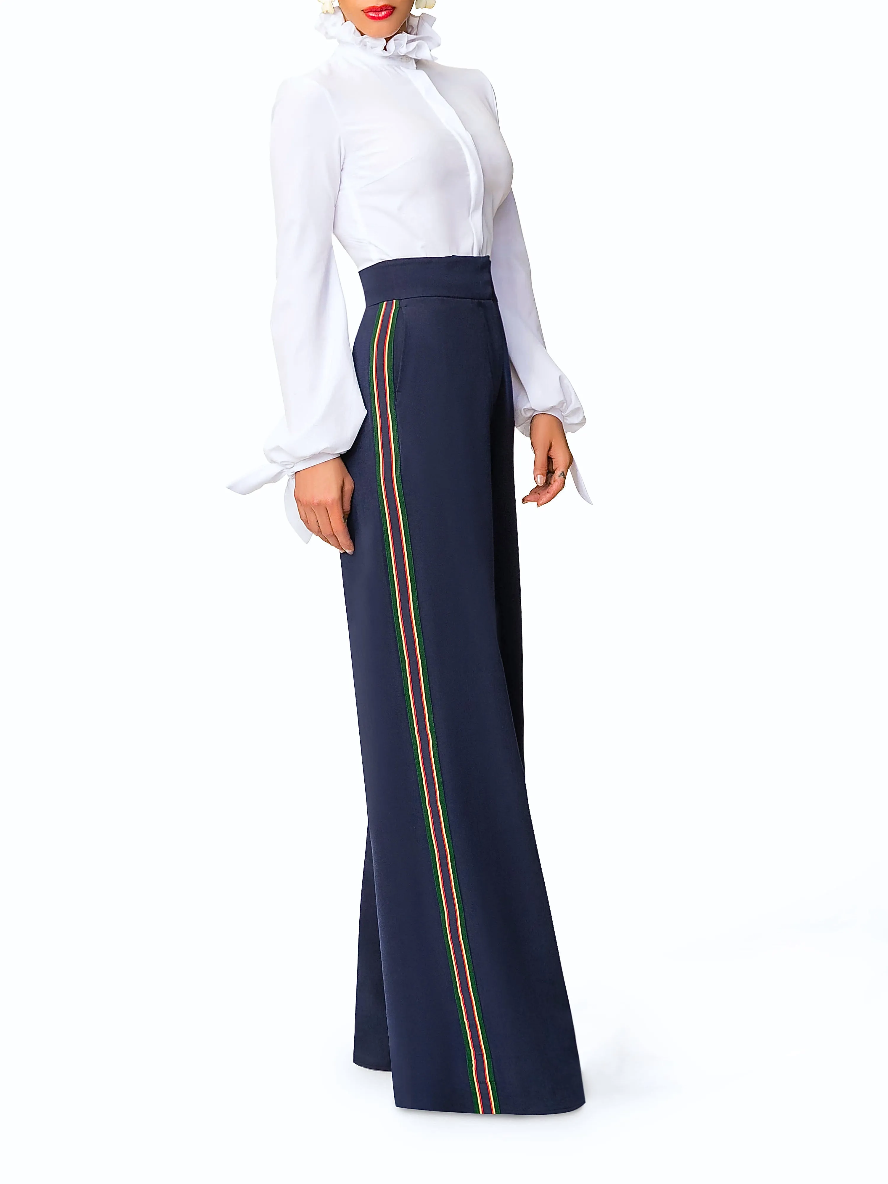 "Tatiana" Navy High Waist Pants w/ Tuxedo Detail