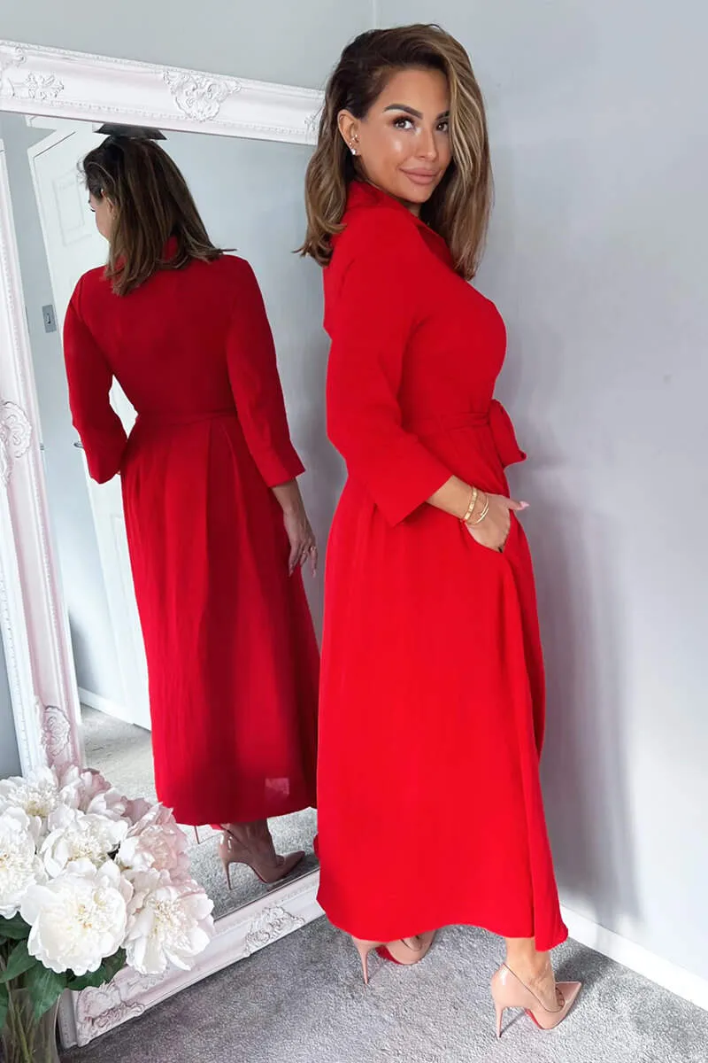 Red Button Up Midi Shirt Dress