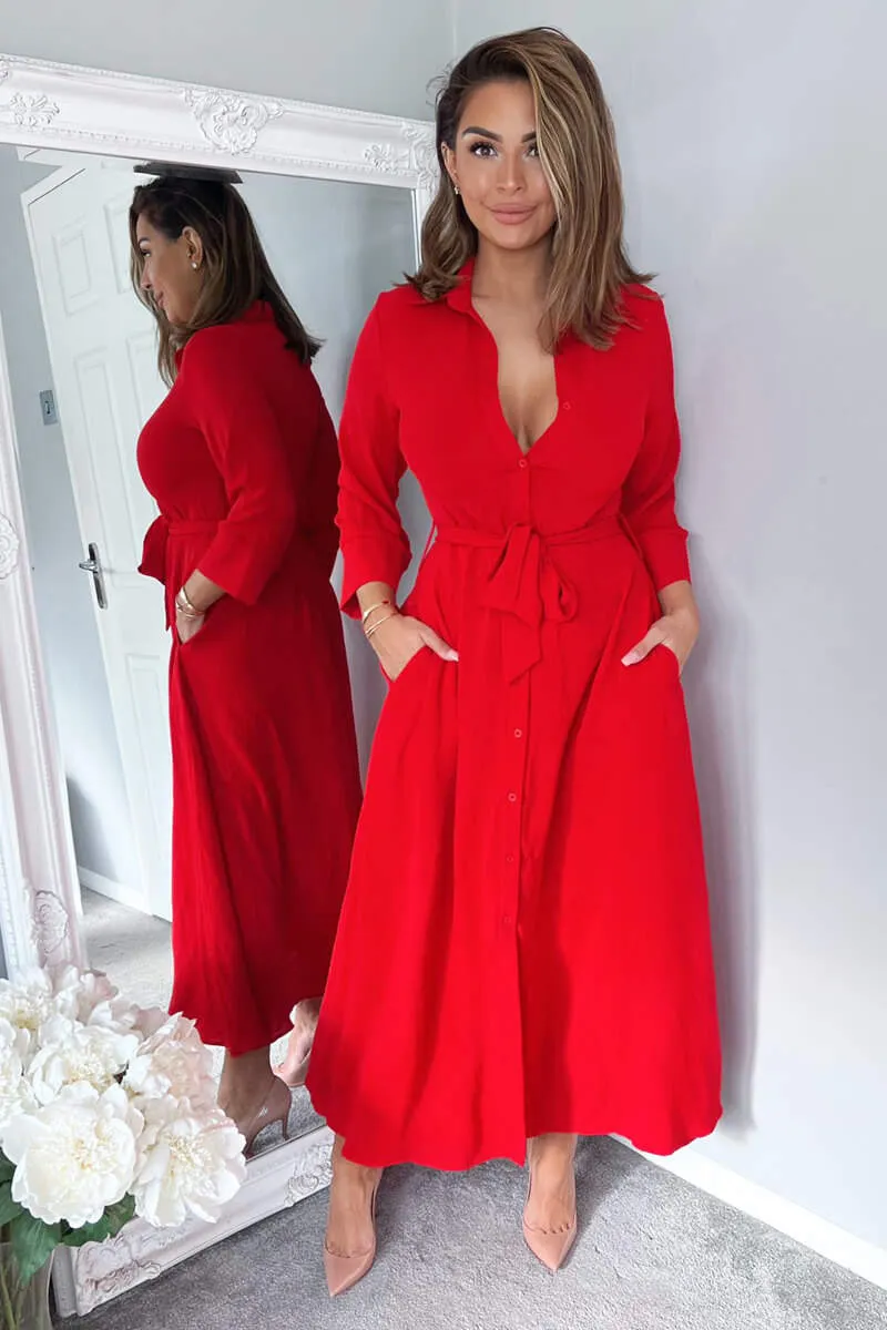 Red Button Up Midi Shirt Dress