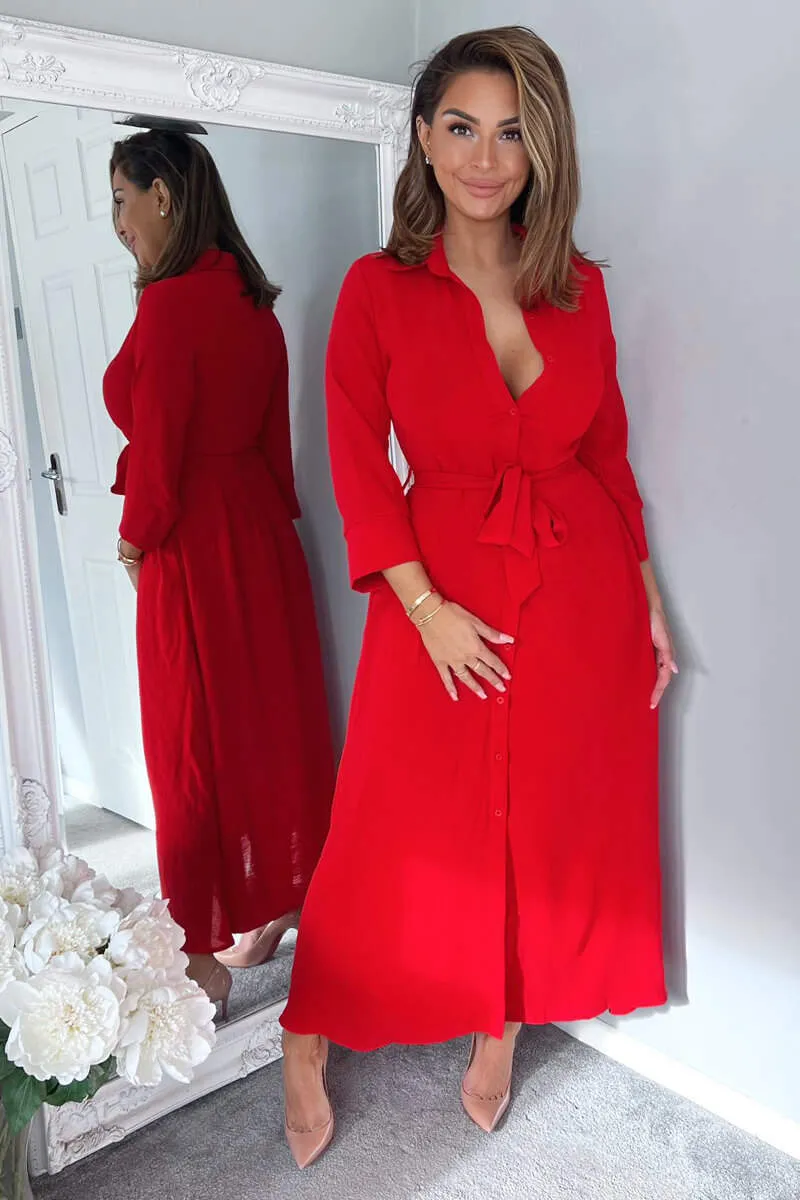 Red Button Up Midi Shirt Dress