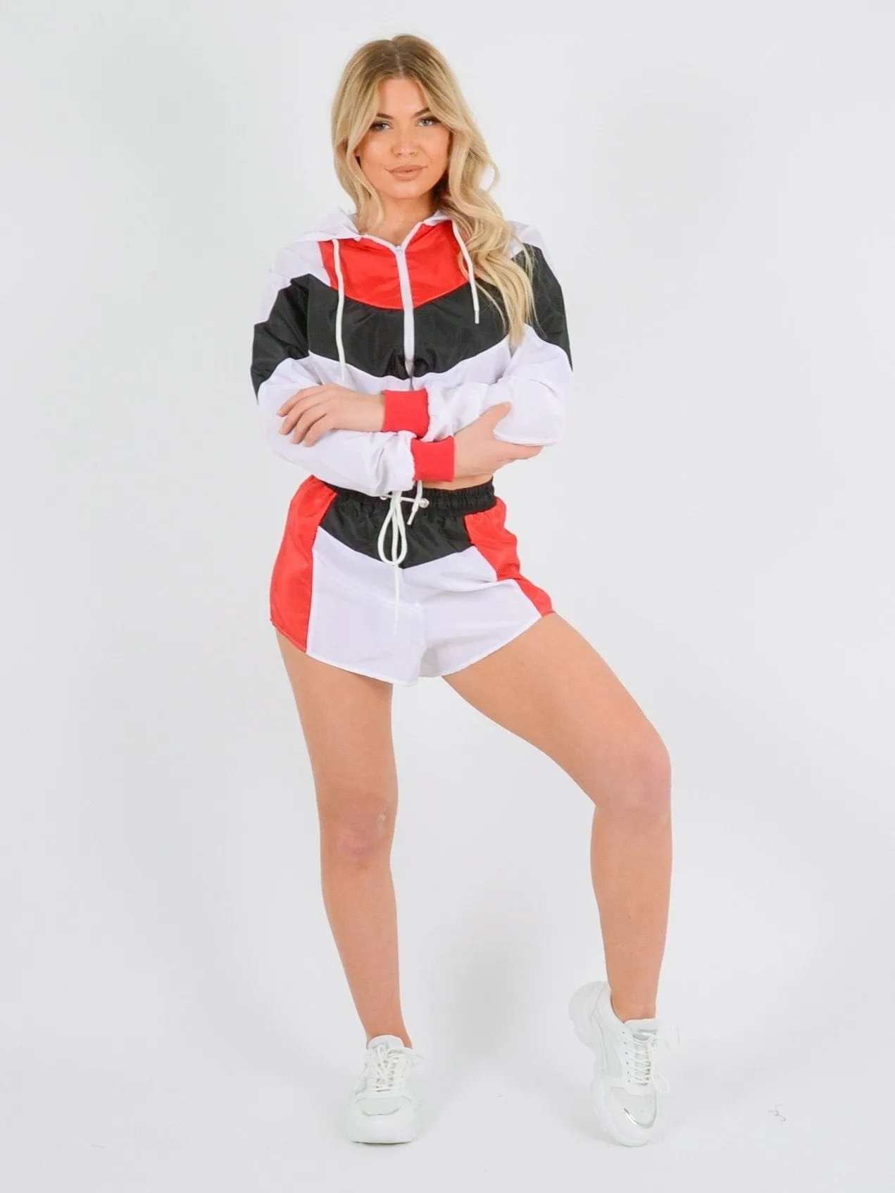 Red Colour Block Jacket and Shorts Set