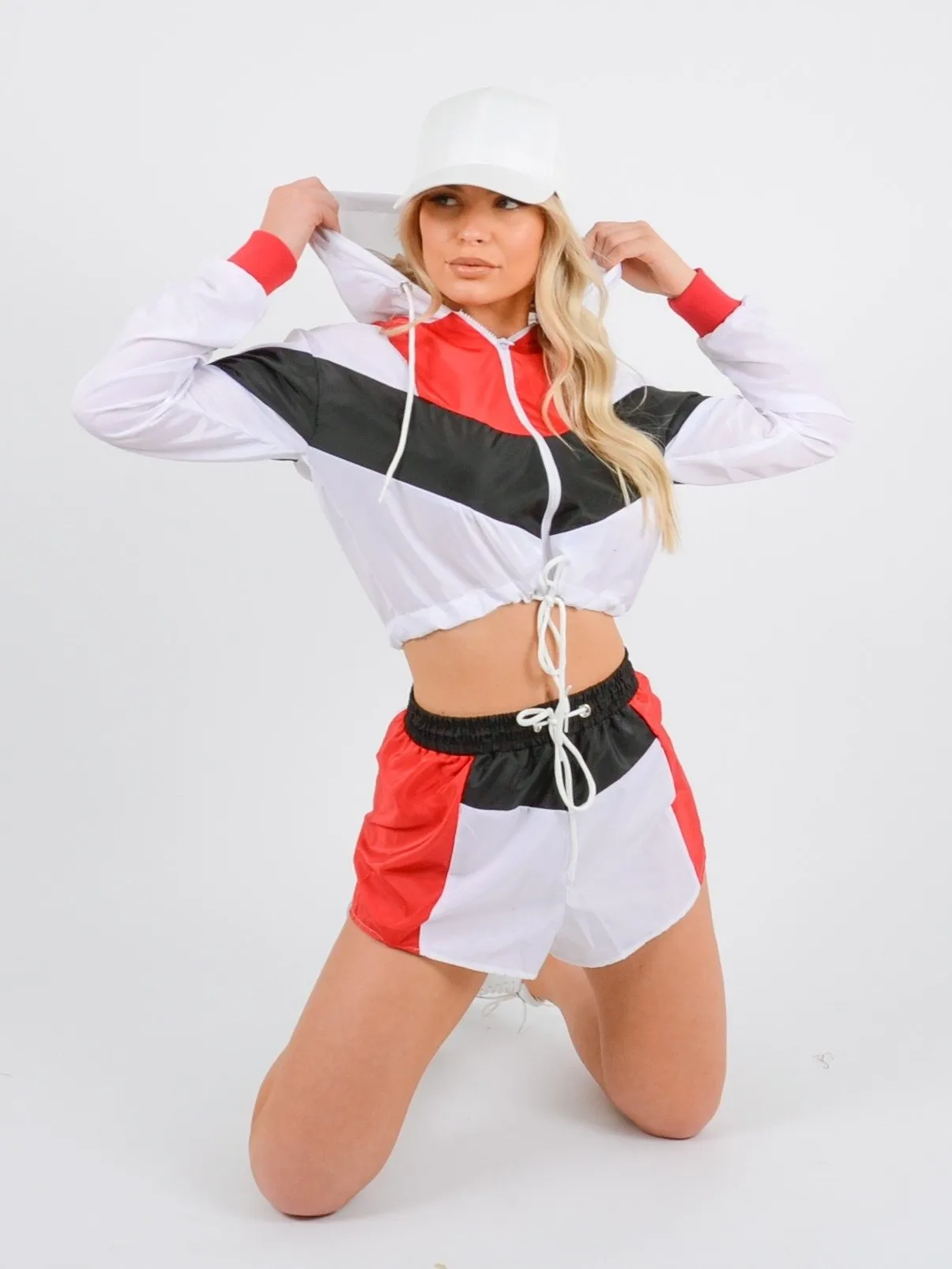 Red Colour Block Jacket and Shorts Set