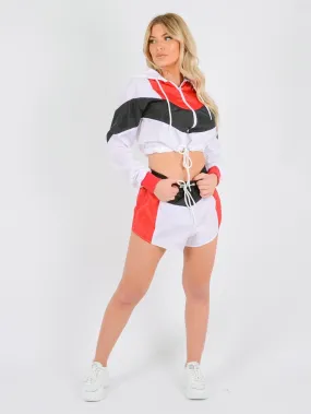 Red Colour Block Jacket and Shorts Set