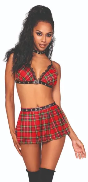 Red Plaid Tease Schoolgirl Bralette and Mini Skirt Set