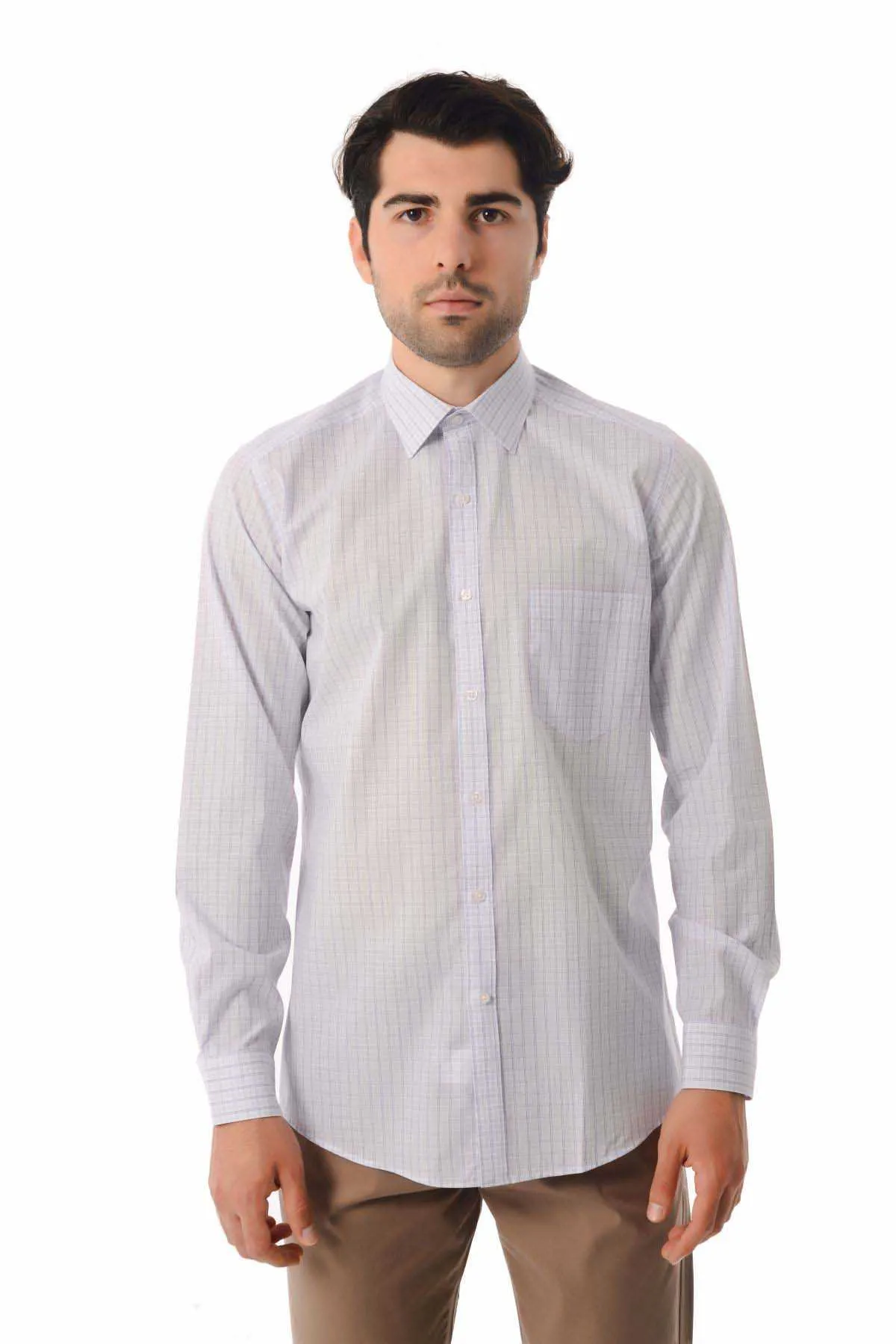 Regular Fit Long Sleeve Checked Cotton Dress Shirt, Blue K.