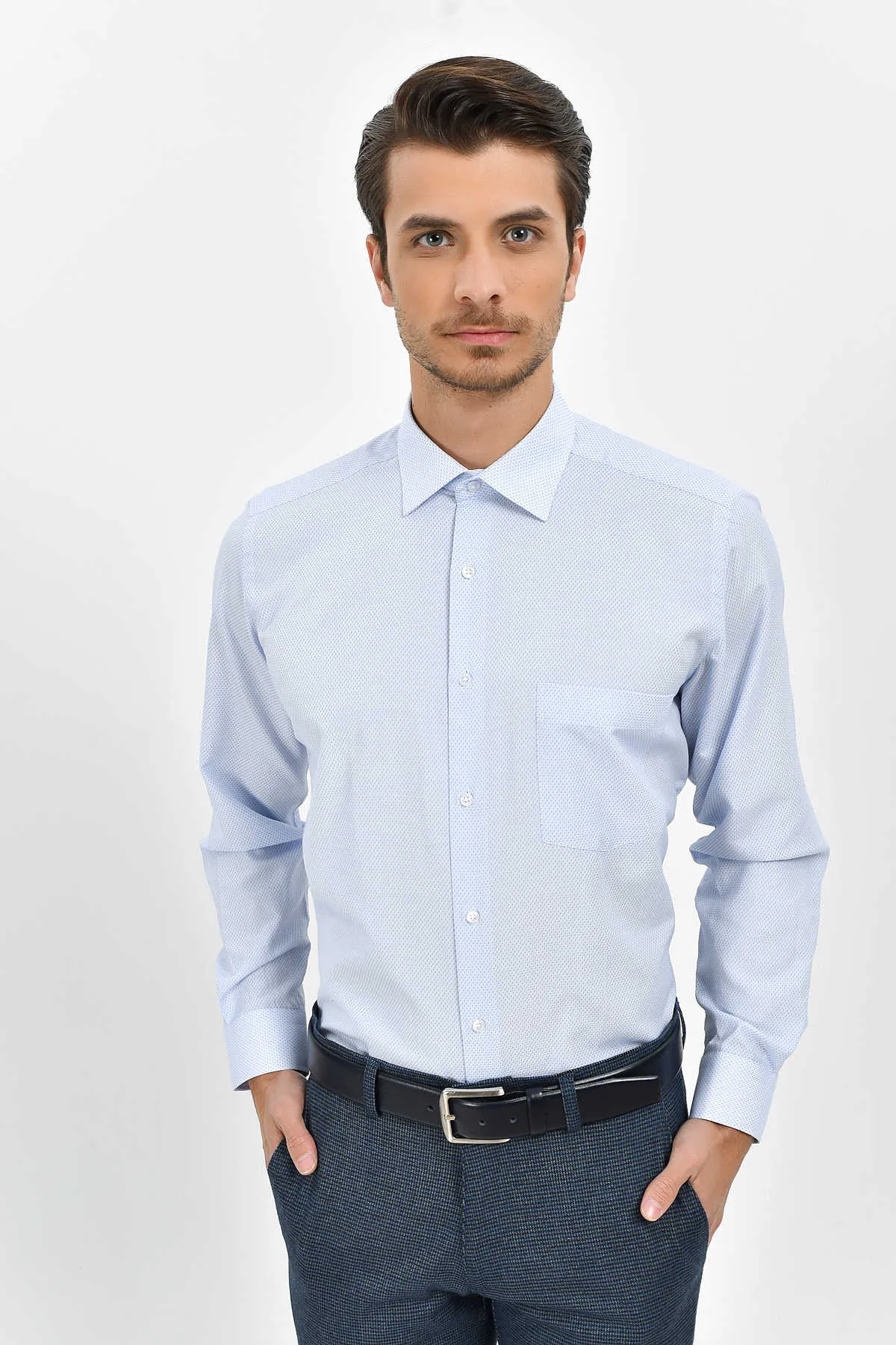 Regular Fit Long Sleeve Patterned Cotton Blend Dress Shirt, Light Blue D.