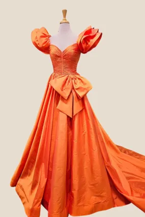 Ruffle Sleeves Orange Bow Long Dress with Slit