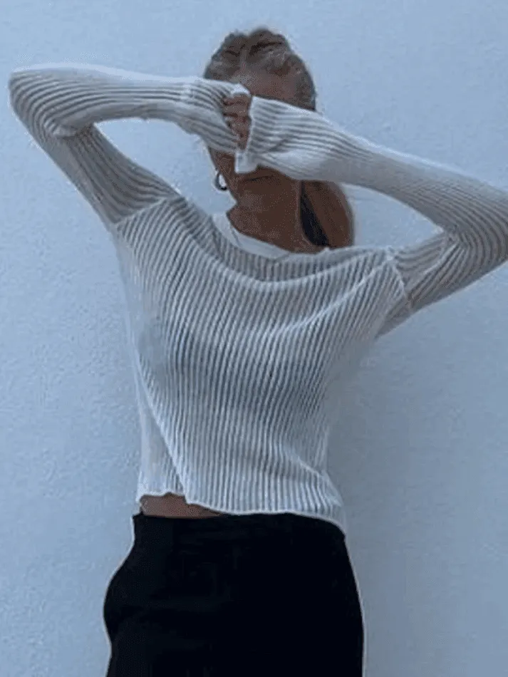 Semi Sheer Long Sleeve Rib Knit Top