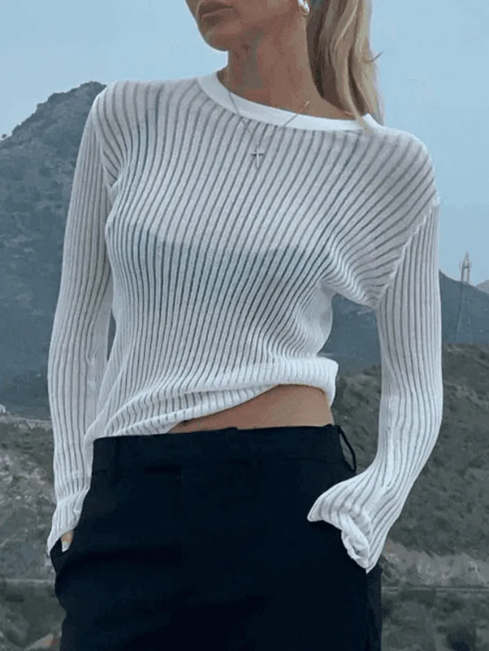 Semi Sheer Long Sleeve Rib Knit Top