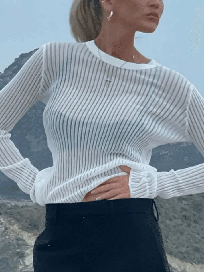 Semi Sheer Long Sleeve Rib Knit Top