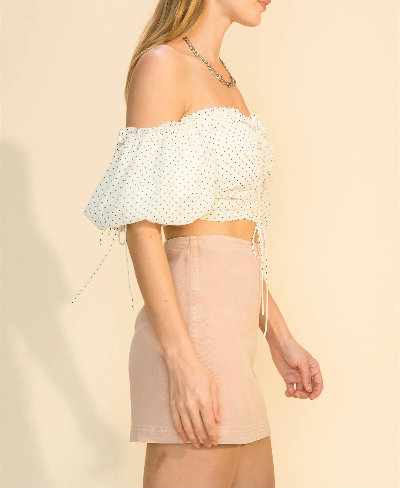 Short Sleeve Off the Shoulder Polka Dot Crop Top