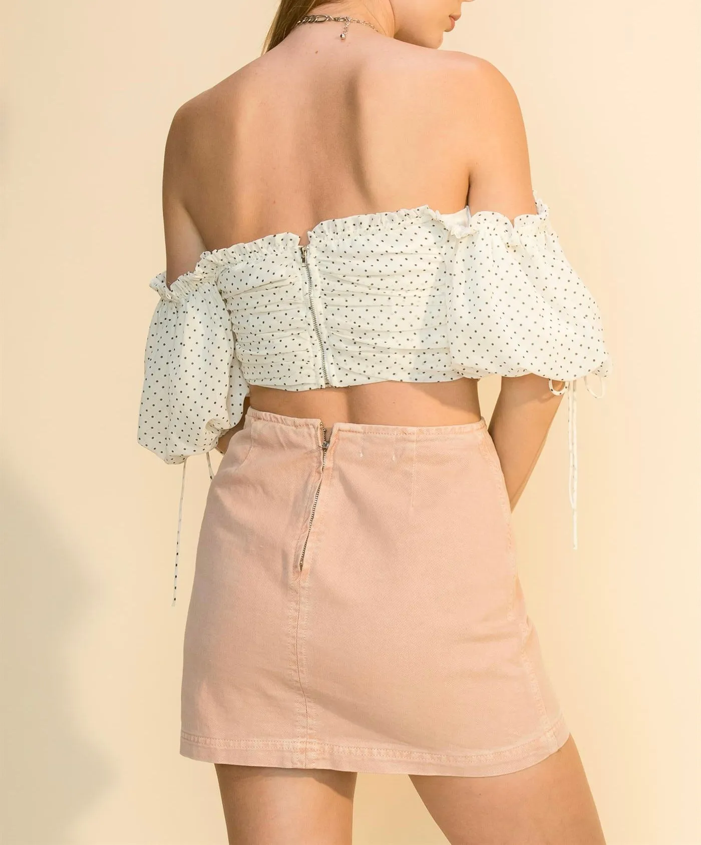 Short Sleeve Off the Shoulder Polka Dot Crop Top