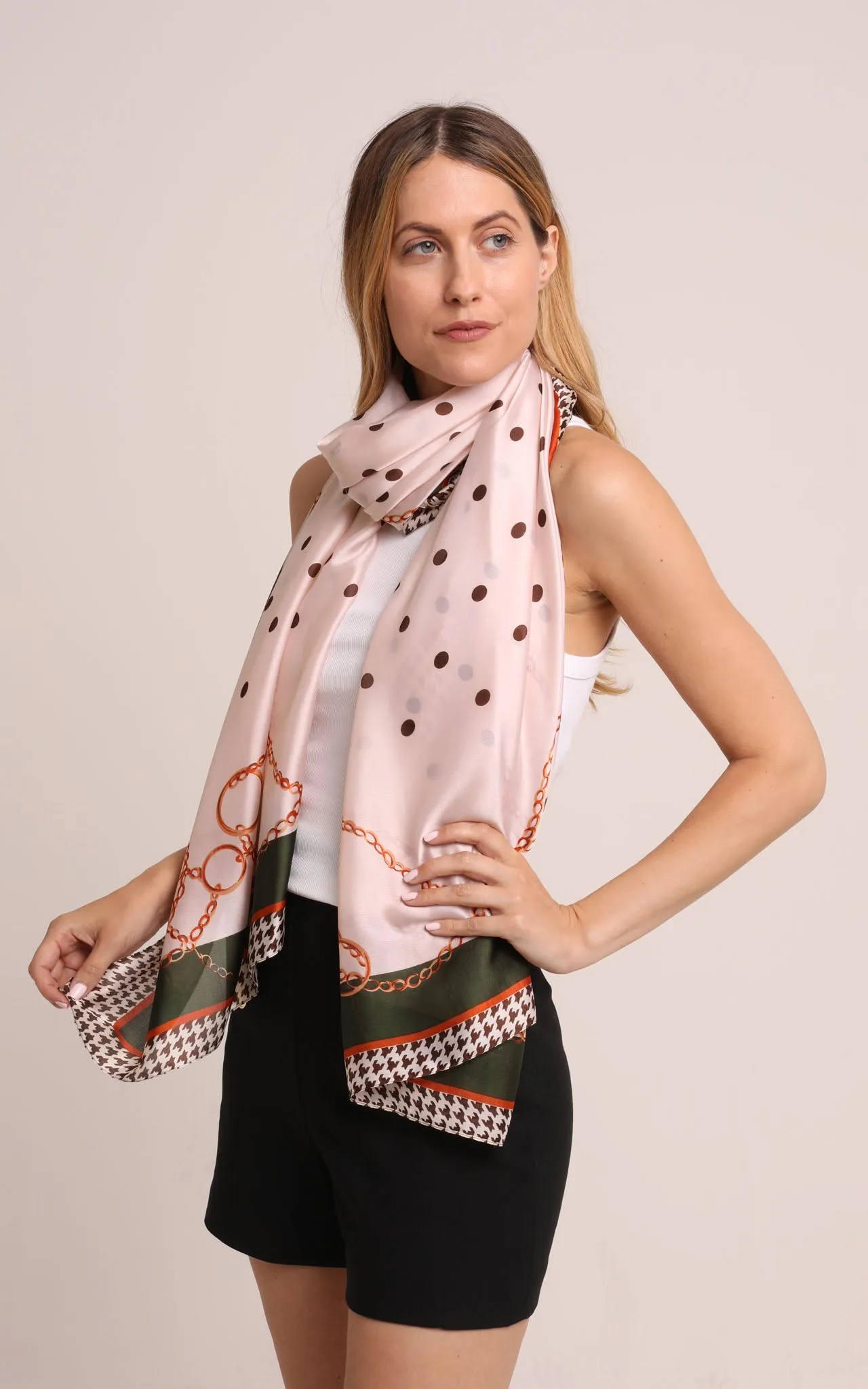 Silk Scarf in Green and Pale Pink Polka Dot and Chain Design