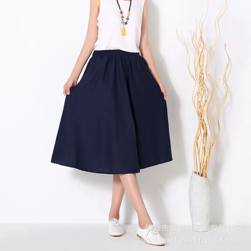 Skirt Cotton Blend Long Summer Art Elastic Waist Loose Pleated Flare Skirt