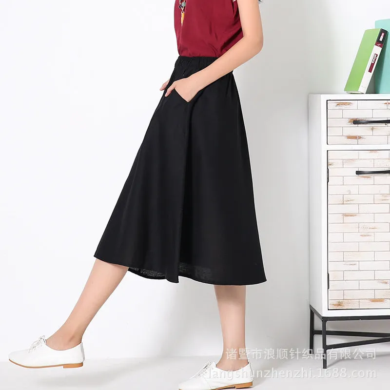 Skirt Cotton Blend Long Summer Art Elastic Waist Loose Pleated Flare Skirt