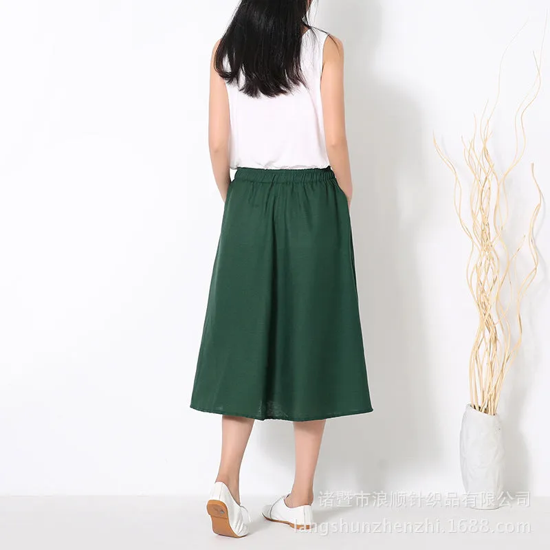 Skirt Cotton Blend Long Summer Art Elastic Waist Loose Pleated Flare Skirt