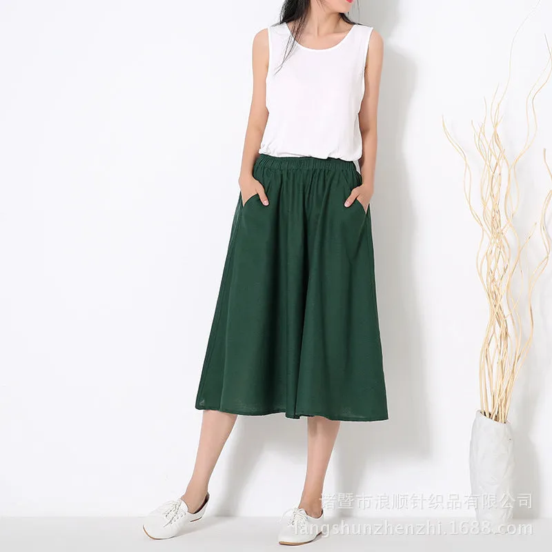 Skirt Cotton Blend Long Summer Art Elastic Waist Loose Pleated Flare Skirt