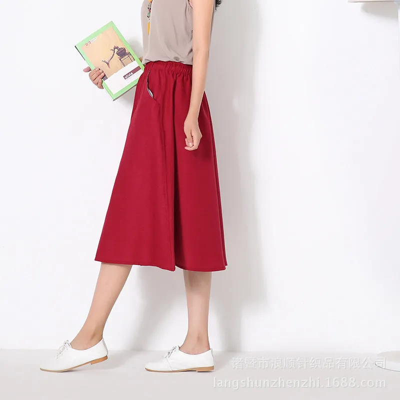 Skirt Cotton Blend Long Summer Art Elastic Waist Loose Pleated Flare Skirt