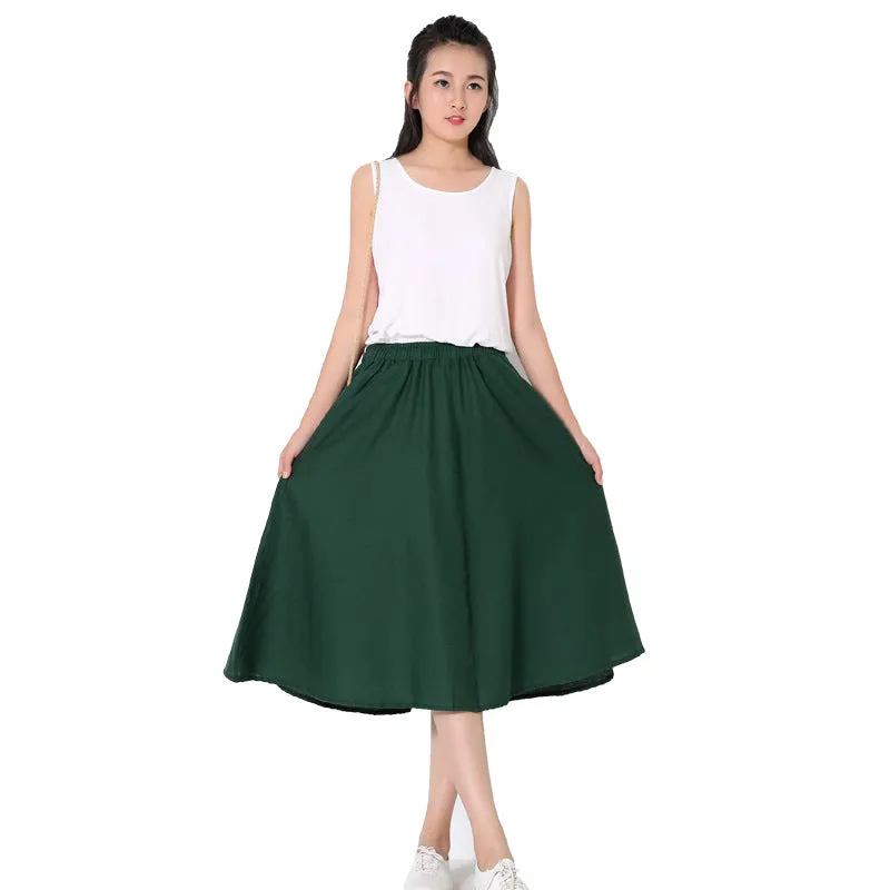 Skirt Cotton Blend Long Summer Art Elastic Waist Loose Pleated Flare Skirt