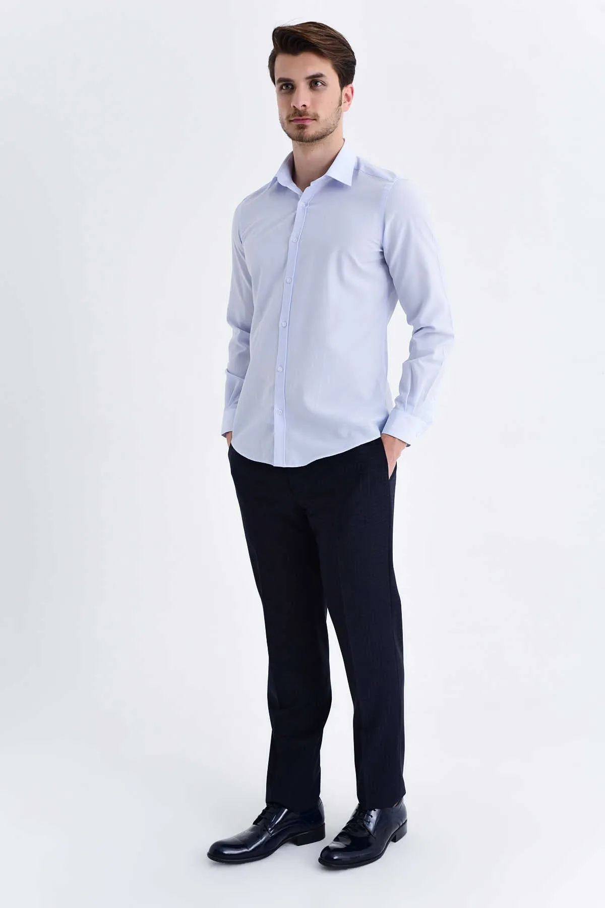 Slim Fit Long Sleeve Cotton Blend Ice Blue Dress Shirt