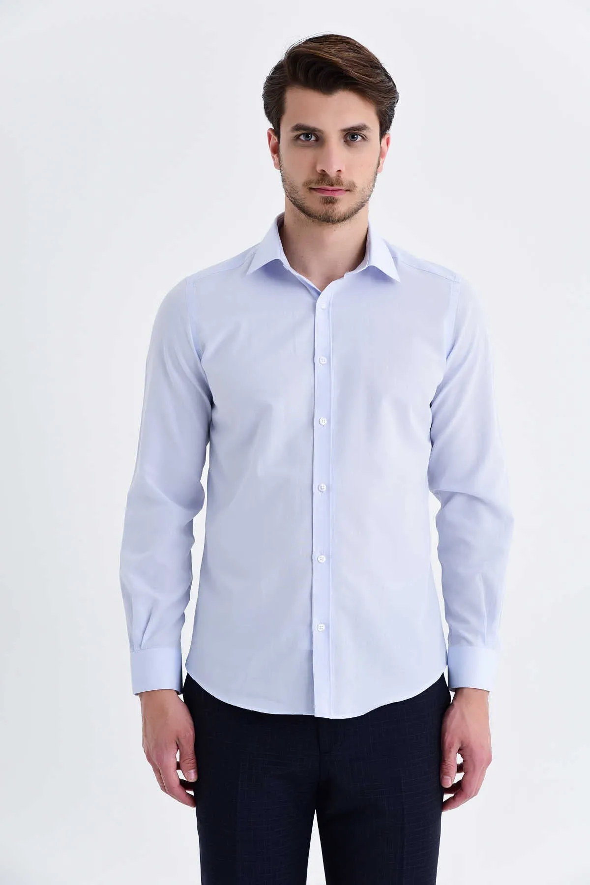 Slim Fit Long Sleeve Cotton Blend Ice Blue Dress Shirt