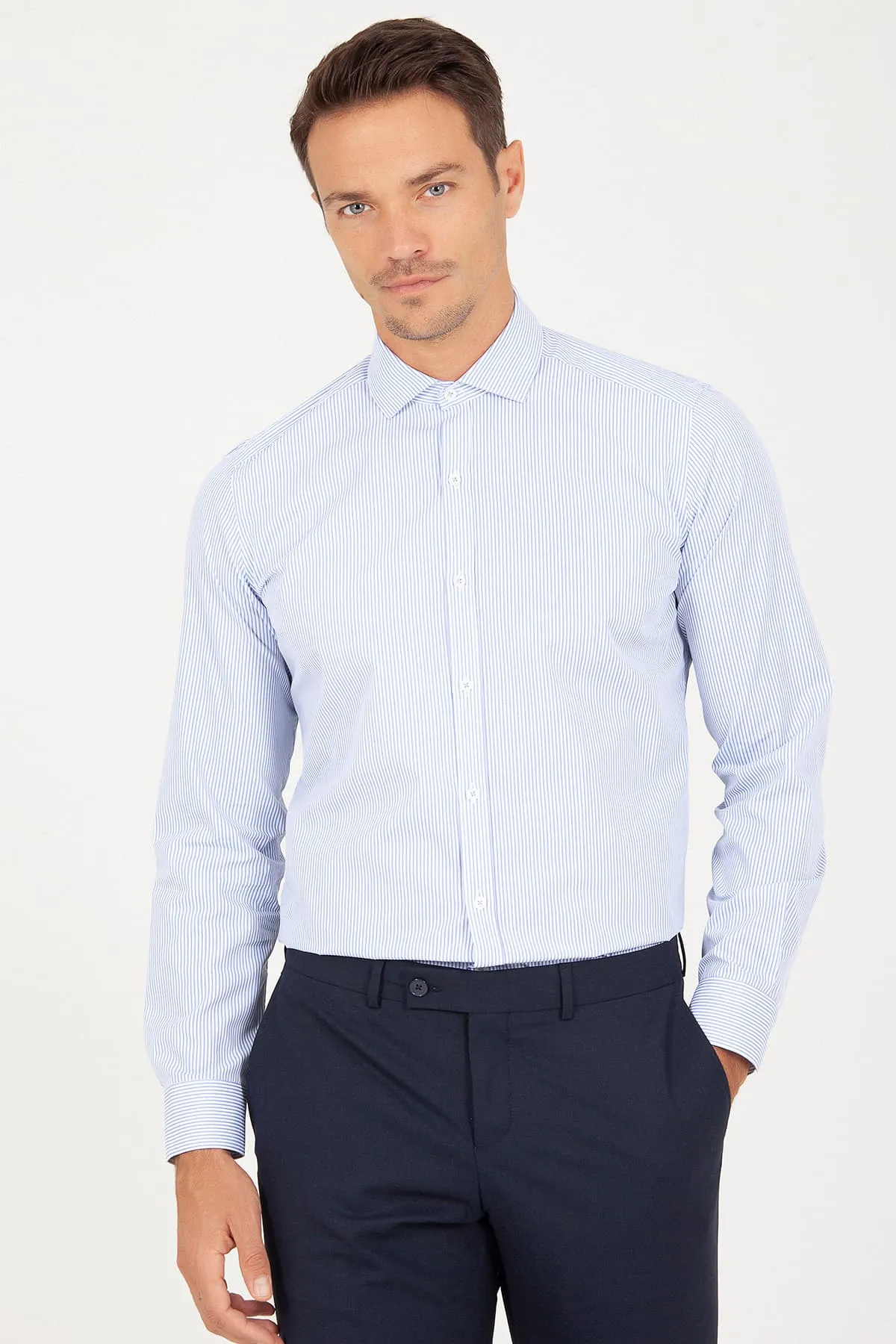 Slim Fit Long Sleeve Striped Cotton Navy Dress Shirt