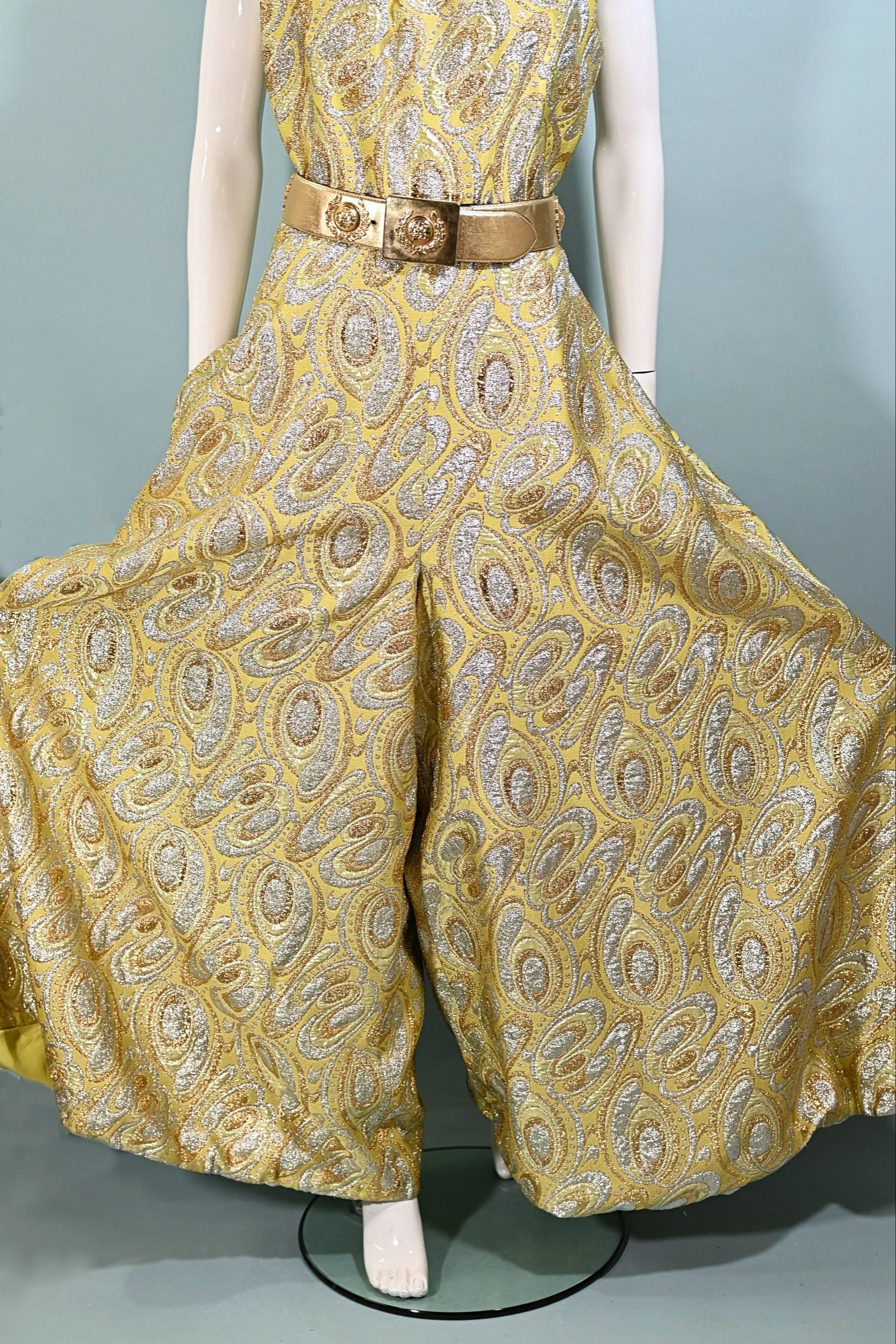 SOLD Vintage 60s Silver/Gold Sparkle Palazzo Jumpsuit, Beaded Neck Eveningwear by Ken Originals M