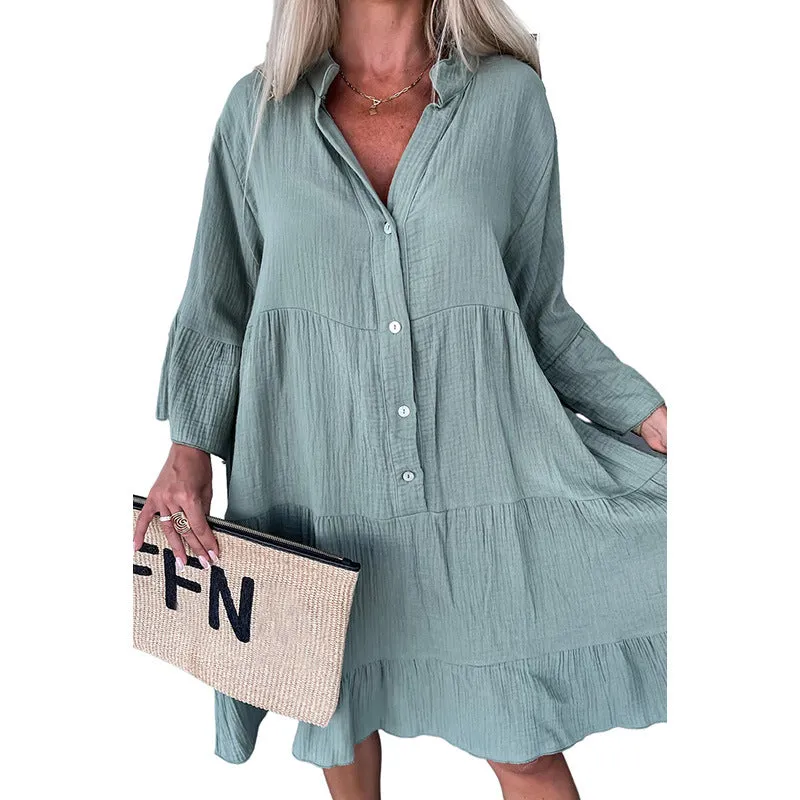 Solid Color Shirt Dress Women's Simple Pleated Loose