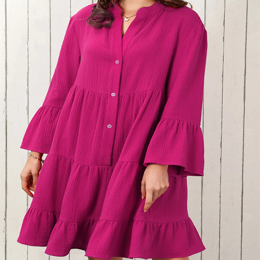 Solid Color Shirt Dress Women's Simple Pleated Loose