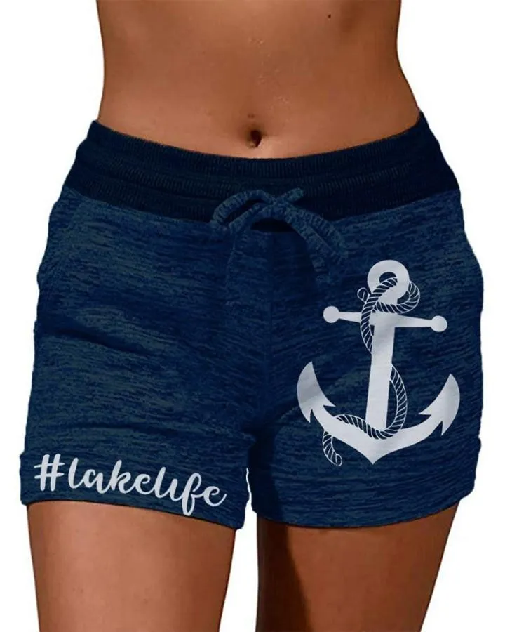 Solid Color Splicing Anchor&Letter Print Drawstring Short Pants