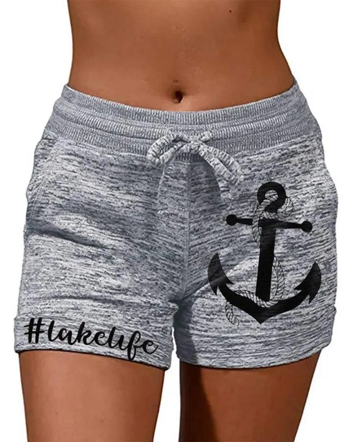 Solid Color Splicing Anchor&Letter Print Drawstring Short Pants