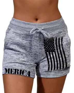 Solid Color Splicing Flag&Letter Print Drawstring Short Pants